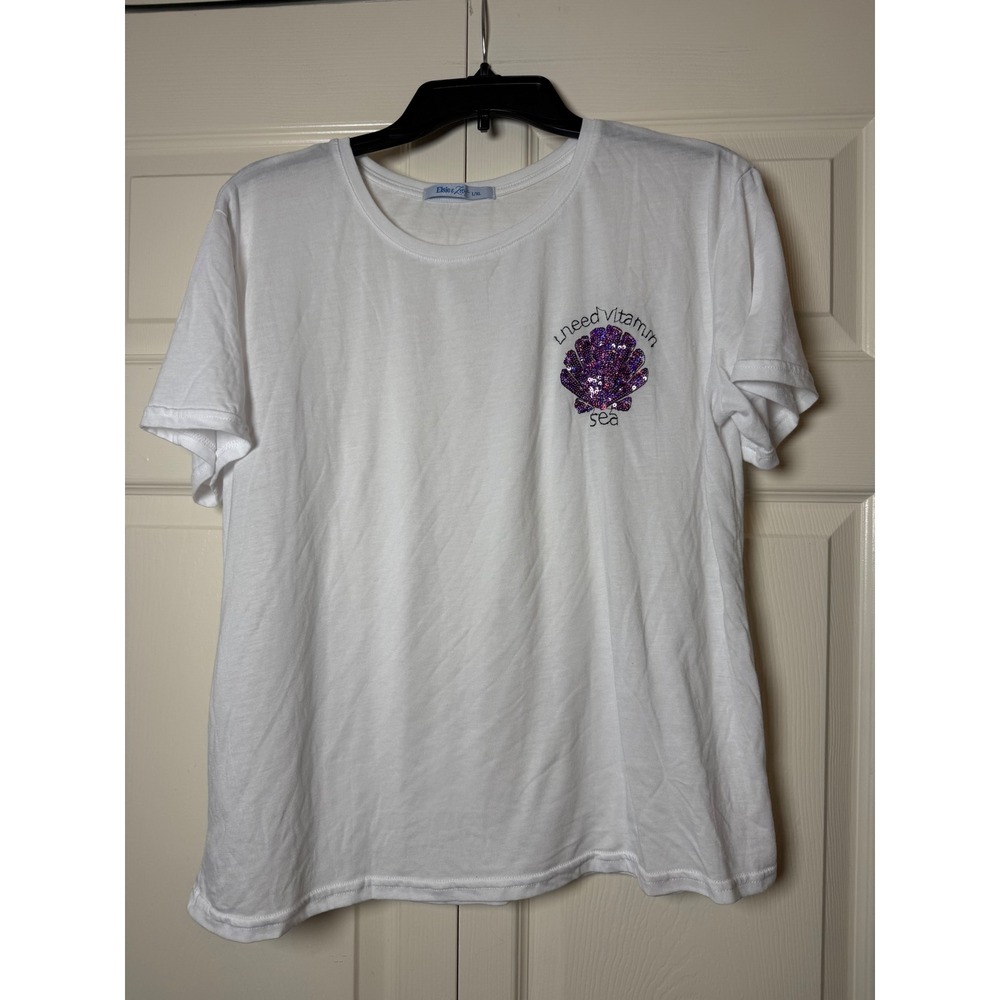 Elsie & Zoey I Need‎ Vitamin Sea Sequin Shell Beach Vibe Short Sleeve Tee L/XL